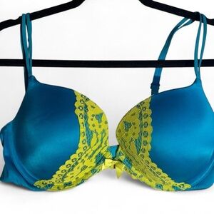 Victoria's Secret Teal Bra with Neon Lime Lace Trim